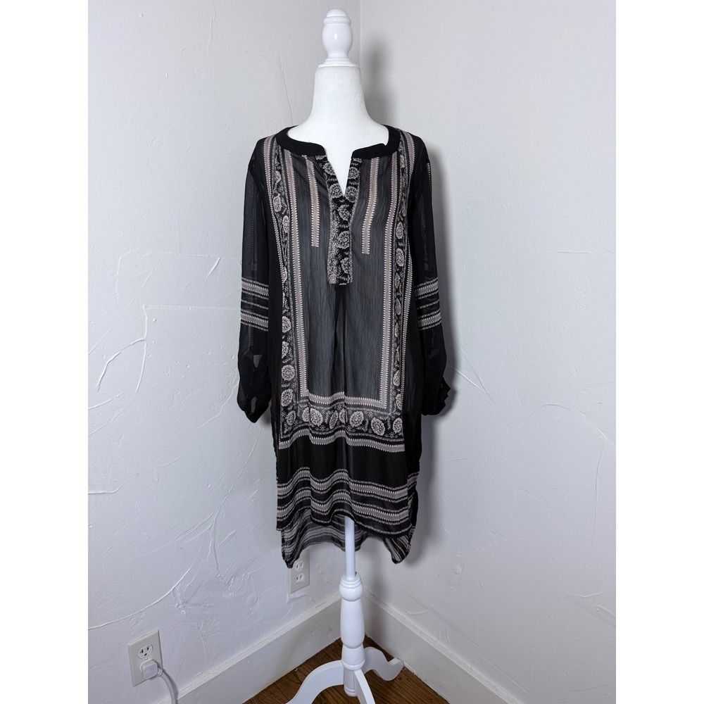 Knox Rose L Black Sheer Embroidered Boho Longline Tunic Blouse High Low
